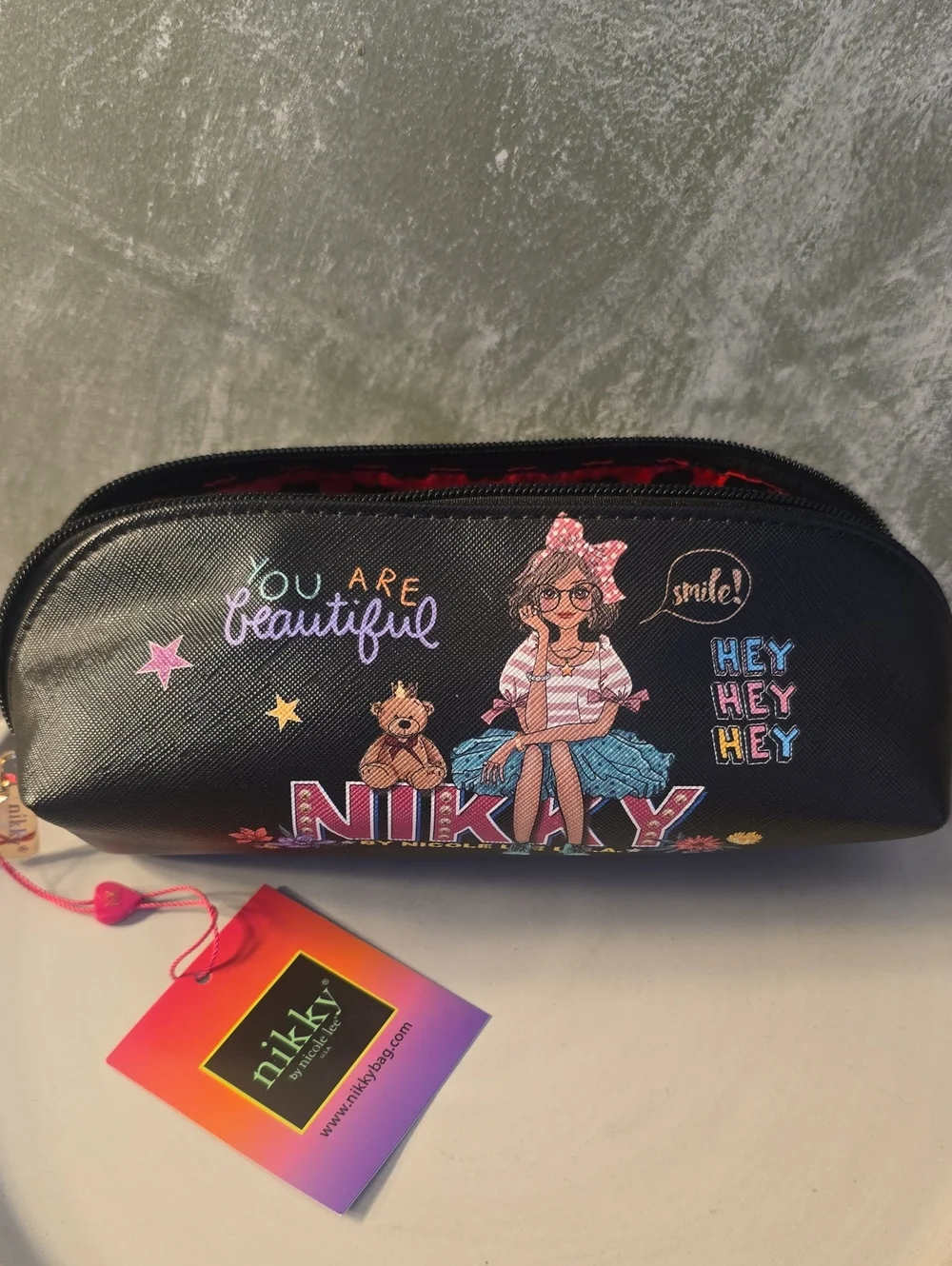 nikky By Nicole Lee  Black 'You Are Beautiful' Cosmetic Bag New